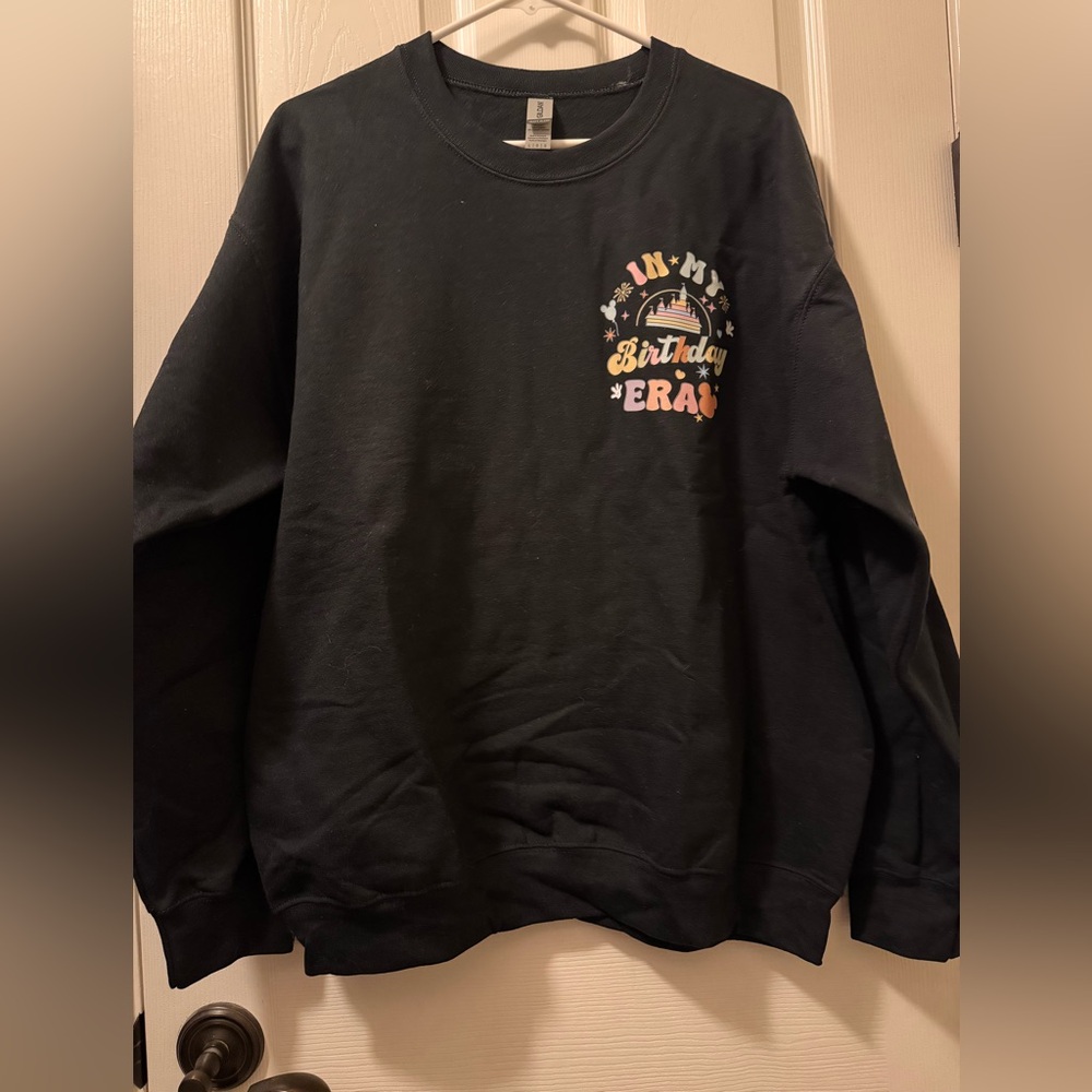 Gildan Black Crewneck Sweatshirt with Multicolor "Birthday Era" Chest Graphic